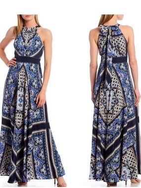Eliza J Navy, Blue and White Paisley Halter Maxi Dress